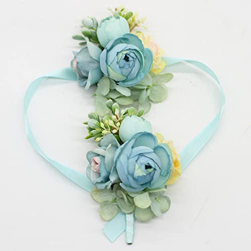 Corsage and Boutonniere Set, Handmade Artificial Peony Rose Wrist Corsage Wristlet and Groom Boutonniere for Men Wedding Prom Suit Decorations (Blue) - color: Blue