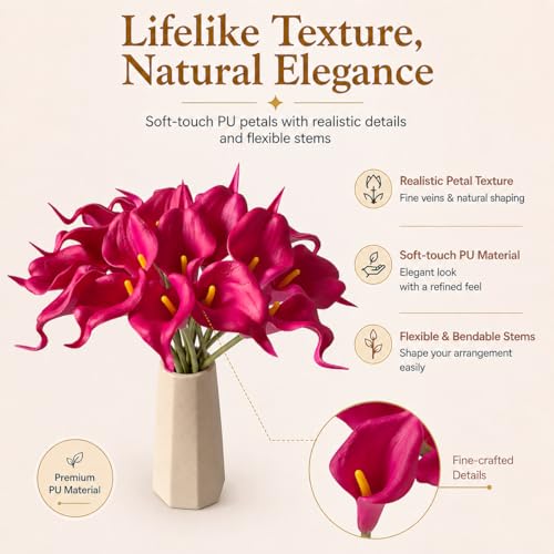 Mandy's 20pcs Hot Pink Calla Lily Artificial Flowers | 13.5 Inch PU Realistic Bouquet for Vase Elegant Home Decor Centerpiece Wedding Bridal Bouquet Table Decoration - color: Hot Pink