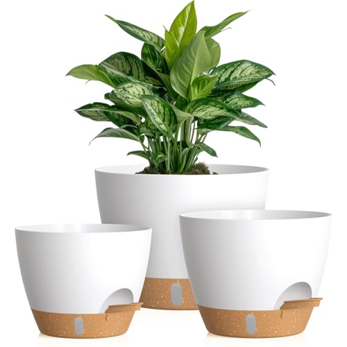 Self Watering Pots with Drainage Holes, 3 Pack 12/10/8 Inch Plant Pots with Water Level Indicator Deep Reservoir, Large Plastic Planter for Indoor Outdoor Plants - White Brown - color: White Brown, size: 12+10+8 Inch Set