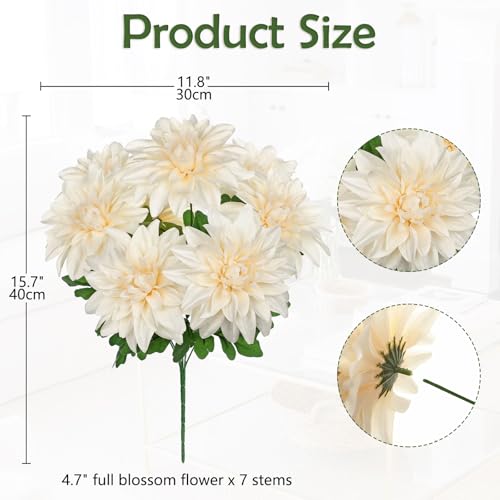 Hollyone White Artificial Dahlia Flowers Bush 7 Heads Silk Fake Dahlias Flowers with Stems Wedding Bouquets Faux Dahlia Flowers Floral Arrangements for Outdoor Indoor DIY Table Centerpieces Home Decor - color: White