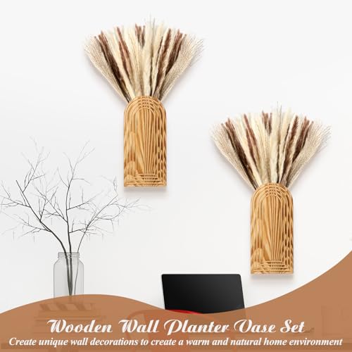 2 Pack Wooden Wall Vase with 40 Pcs Dried Pampas Grass Decor, Boho Pampas Grass Fall Farmhouse Hanging Planter for Hallway, Bedroom, Living Room, Dining Room, Office - style: Farmhouse Style