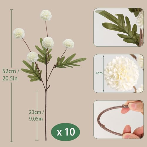 HNVNER Ivory White Faux Flowers for Vase 10PCS, Fake Flowers Mini Silk Pompon Mum Long Stem, Realistic Small Artificial Chrysanthemum for Home Decorations Kitchen Table Centerpiece Wedding - color: Ivory White