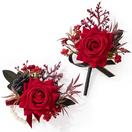 Serwalin Red Corsage and Boutonniere Set, Prom Corsage and Boutonniere Set of Wedding Flowers Homecoming Accessories Party Suit Decoration - color: Red, size: 1 Boutonniere & 1 Wrist Corsage - 2pcs