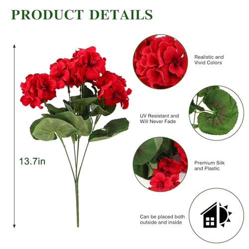 CEWOR Artificial Geranium Flowers for Outdoor, Fake Silk UV Resistant Geranium Red Flowers, Faux Flower for Garden Front Door Porch Planter Patio Home Decor (12, Red) - color: Red Geranium
