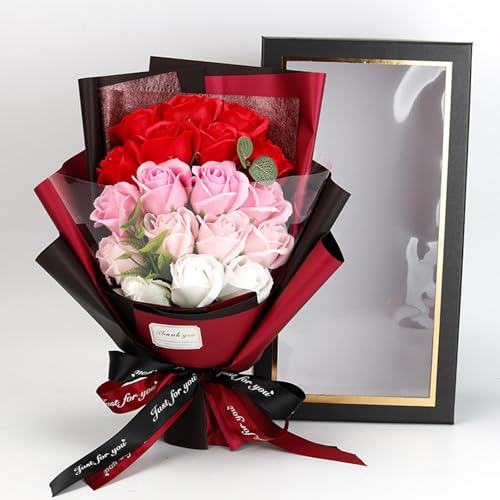 Roses Bouquet Artificial Flower - Preserved Red Rose Flowers with Love Necklace for Her Unique Gift for Birthday, Valentine's Day, Mother's Day, Thanksgiving, Christmas, Anniversary (Pink and Red) - color: Pink and Red