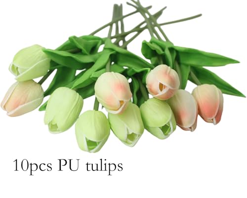 Artificial Flowers 10 Heads Mini Real Touch Artificial Tulip for Home Wedding Party Centerpiece Decoration (Champagne) - color: Champagne