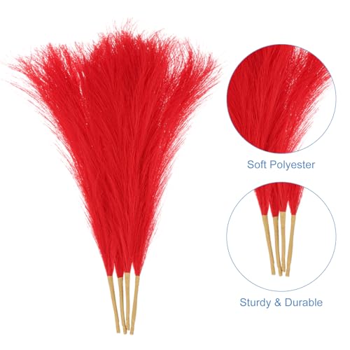 uxcell 4pcs Faux Pampas Grass 17 Inch 6 Stem Artificial Fake Dried Pampas Grass Decor for Floor Vase Filler, Wedding Decoration, Home Decoration, Red - color: Red