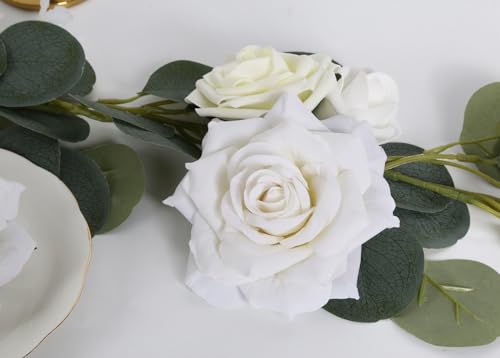 Silk Roses - 16pcs White Large Fake Roses - Wedding Bouquet, Home Decorations - color: 4.3" White