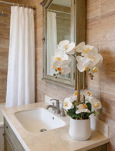 Fake Orchid Faux Flowers 18.9In Tall White Orchid Artificial Flowers Plants Home Office Decor 17 Heads Realistic Potted Orchids Faux Flowers in Ceramic Pot for Table Centerpieces Arrangements - color: White