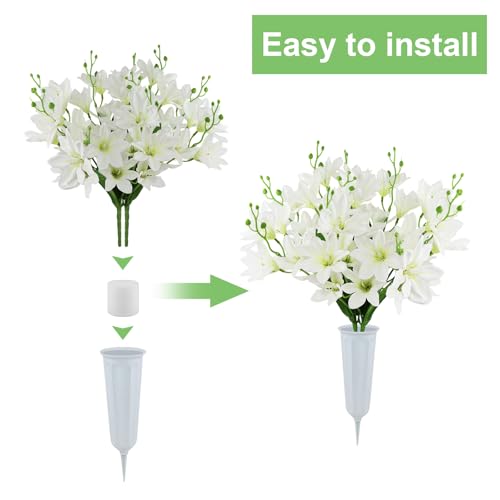 Artificial Cemetery Flowers with Vase -2 Set of White Silk Memorial Orchids with Headstones Vase for Grave Graveyard Decoration - color: 2 White