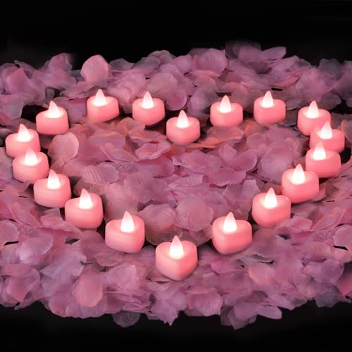 Amagic 4000 Pieces Pink Artificial Rose Petals with 50 Pink Heart LED Tea Lights, Rose Petals and Candles Set for Proposal, Anniversary, Romantic Night, Wedding Decor - color: 50 Pcs Pink Candles + 4000 Pcs Pink Petals