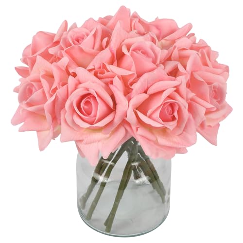 IPOPU Pink Roses Artificial Flowers 2 Bouquets Realistic Fake Roses Real Touch Faux Roses with Stems for Wedding Home Party Table Centerpieces Decoration(Pink) - color: Pink