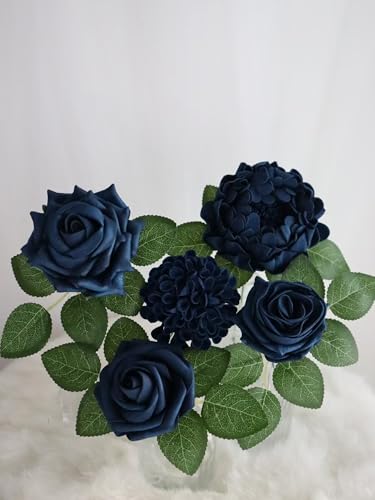 Navy Blue Artificial Flowers Combo Mixed Flowers with Stem for DIY Wedding Bouquets Centerpieces Baby Shower Party Home Decorations - color: Classic Navy Blue