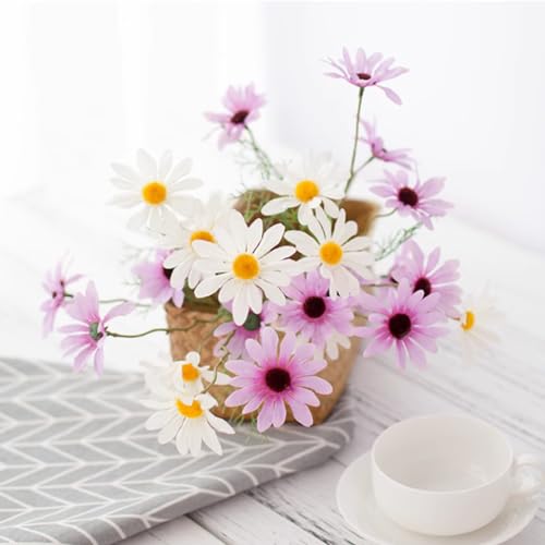 NatureMan Artificial Flowers 12 Bundles Artificial Silk Daisy UV Resistant Outdoor Fake Wildflowers with Stems Daisy Arrangements for Home Hotel Office Garden Decoration (White, Purple) - color: White , Purple