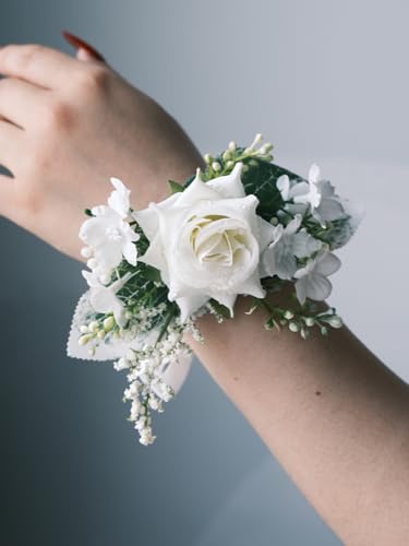 White Rose Wrist Corsage and Boutonniere Set with Ribbon Ties Wedding Prom Formal Accessories (White) - color: White