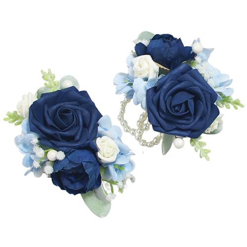 Rinlong 2Pcs Navy Blue Wrist Corsage for Wedding, Prom, Homecoming | Bridesmaid, Mother of the Bride Corsage - color: 08-navy Blue Rose
