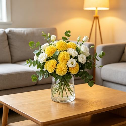 Kimura's Cabin 20pcs Fake Chrysanthemum Artificial Flowers Faux Silk Mums with Stem Balls Flowers for Vase Fillers Easter Home Table Floral Arrangements Wedding Party DIY Decoration(Yellow) - color: Yellow