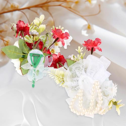 Wrist Corsage and Boutonniere Set, Artificial Rose Corsage Wristlet and Boutonniere for Wedding Prom Party (Red, 1 Boutonniere&1 Wrist Corsage) - color: Red, 1 Boutonniere&1 Wrist Corsage