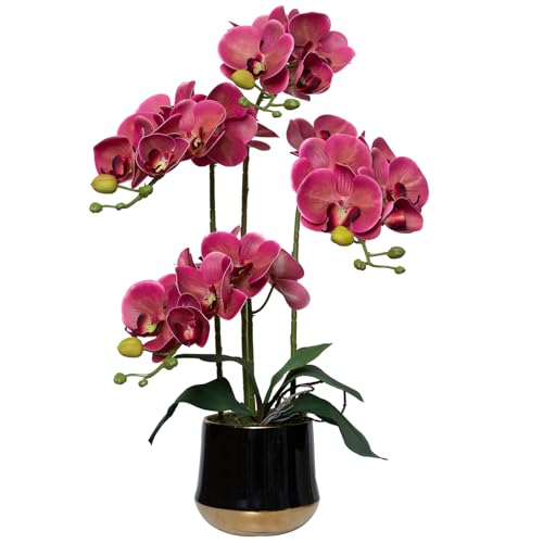 Artificial Orchid Flowers in Ceramic Vase Realistic Crimson Faux Orchids 19.5 Inch Fake Phalaenopsis Plant Arrangements for Home Indoor Centerpiece Decor (Set of 4 Stems) - color: Crimson, size: 14CM- BlackGolden