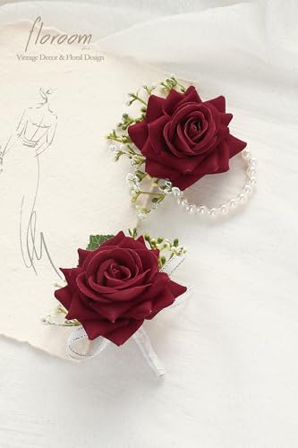 Floroom Burgundy Rose Wrist Corsage Wristlet Band Bracelet and Men Boutonniere Set for Red Wedding Flower Accessories Prom Suit Decorations - color: Burgundy