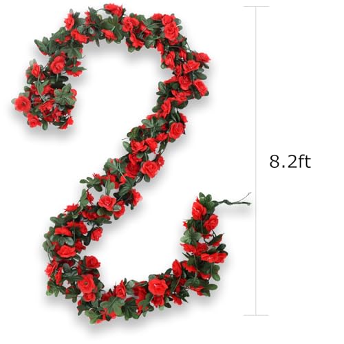 4Pcs Artificial Rose Vines Fake Flowers Garland with Green Leaves Faux Hanging Floral Plants for Bedroom Garden Patio Decor,Christmas Anniversary Wedding Birthday Party Decoration (Red) - color: Red, size: 4Pcs-small rose