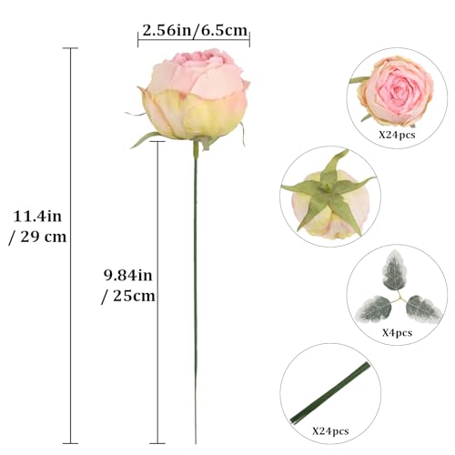 Pink Peonies Artificial Flowers,24PCS Silk Fake Flower Heads Bulk 2.56" Realistic Faux Roses with Stems for Bridal Shower Wedding Party Home Walls Decoration (Pink) - color: Pink