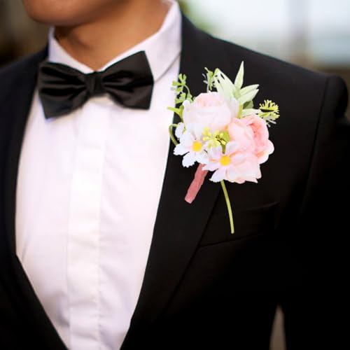 Wedding Rose Boutonniere Men Groom Flower Pin Wedding Suit Decoration (Pink) - color: Pink