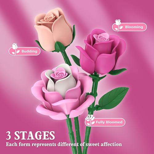 Pink Rose Bouquet Flowers Building Set, 834Pcs Roses Artificial Flowers Botanical Collection Kit for Adults Women & Men Gift for Xmax Gifts for Birthdays for Her Compatible with Lego Flowers