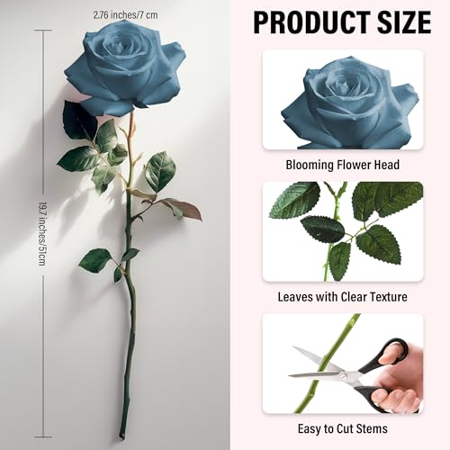 20PCS Artificial Roses with Long Stems - Realistic Silk Flowers, Fake Roses Real Touch Bouquet of Roses for Mother's Day, Home Decor, Bridal Wedding Party, Bulk Faux Rose Flowers (Dusty Blue) - color: Dusty Blue, size: 20 PCS