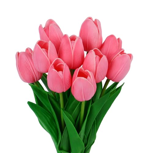 10Pcs Pink Fake Tulips PU Faux Tulips Artificial Flowers for Decoration Fake Spring Bouquet for Home Wedding Flower Decor - color: Deep Pink