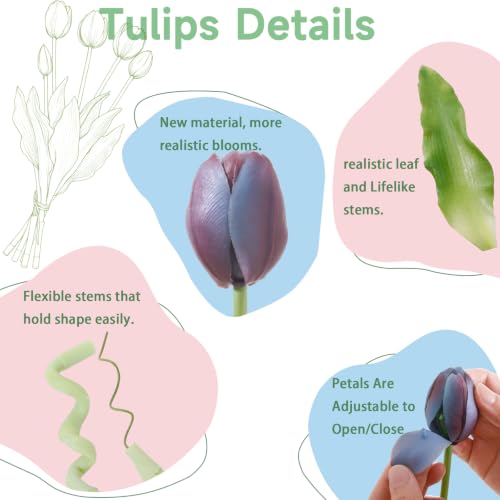 15 Pcs Artificial Flowers Tulips Real Touch Latex Plastic Soft Faux Bouquets for Party, Wedding, Home, Room, Garden Decor (Vintage Purple Blue) - color: Vintage Purple Blue