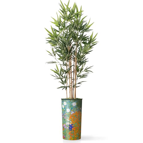 Artificial Tree in Colorful Flower Pattern Planter, Fake Bamboo Silk Tree for Indoor and Outdoor Home Decoration - 70" Overall Tall (Plant Pot Plus Tree) - style: Bamboo