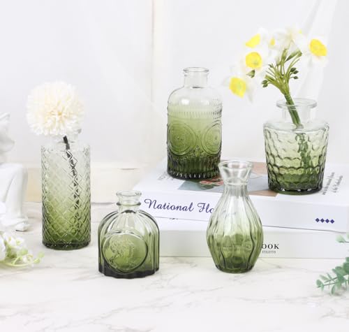 5pcs Green Glass Bud Vase Set, Small Flower Vases for Centerpieces in Bulk, Mini Vintage Vase for Home, Wedding, Table Decor - color: Green, size: 5pcs
