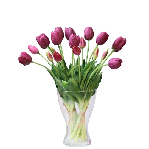 20pcs Artificial Tulip Flowers,16 Inch Real Touch Tulip Stems with Faux Leaves, Faux Tulips and Buds for Home Décor Centerpiece Ornament Wedding Bouquet,Deep Purple - color: Deep Purple