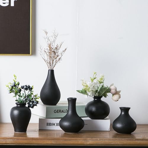 Black Bud Vases, Ceramic Small Vase Set of 5, Mini Vases for Fresh and Dried Flowers, Modern Home Decor, Pottery Centerpiece Table Decorations - color: Black - 5 Pcs