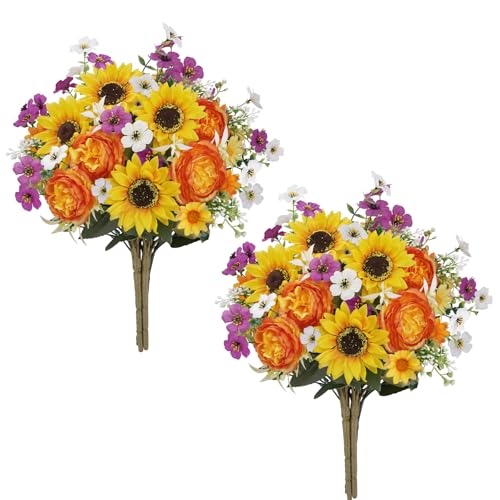 2Pcs 14.17" Cemetery Flowers for Grave Vase Sunflower Artificial Flowers Bouquet Peonies Silk Sunflowers Realistic Flower Arrangements for Cemetery Wedding Table Centerpieces Home Decor - color: Yellow-2