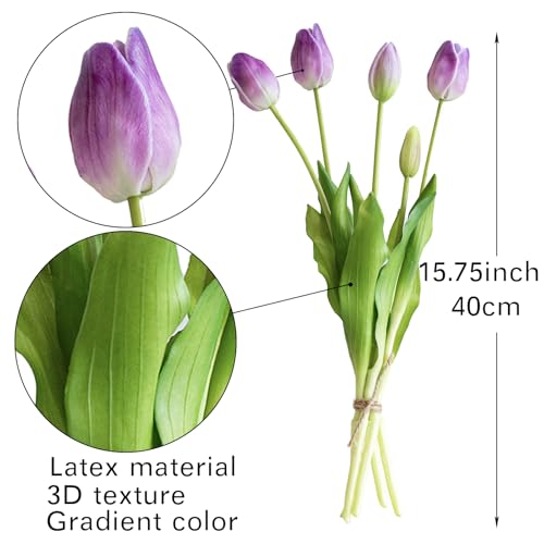 Artificial Tulips Flowers,Soft Touch Latex Bouquet, Fake Tulips,Spring Wedding Home Room Table Centerpiece Decor - color: Amethyst(no Vase)