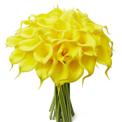 24 Pcs Yellow Artificial Calla Lily Flowers Fake Yellow Silk Flowers Real Touch for Wedding Bouquet Office Home Kitchen Decor - color: Yellow