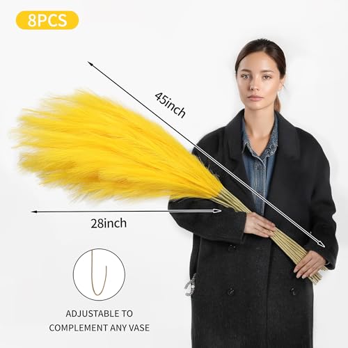 Wertuirk Yellow Pampas Grass, 8 Pcs 45 Inch Tall Large Faux Pompous Grass, Long Artificial Flowers for Floor Vases, Wedding Centerpieces, Baby Shower and Home Decoration (Yellow) - color: Yellow