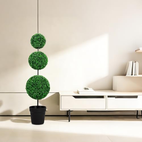VIVATREES 4FT Artificial Triple Ball Topiary Trees with Black Planter Pot, Outdoor Indoor Realistic Faux Shrubs Plants, Fake Trees for Home Offices Porch Decor, Set of 2