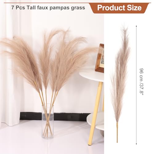 PATIKIL 37.8in Tall Pampas Grass Decor, 7pcs Large Artificial Pampas Grass Bulk Long Fluffy Faux Pampas Grass Dried for Home Boho Decor Vase Wedding Wall Ground, Brown - color: Brown