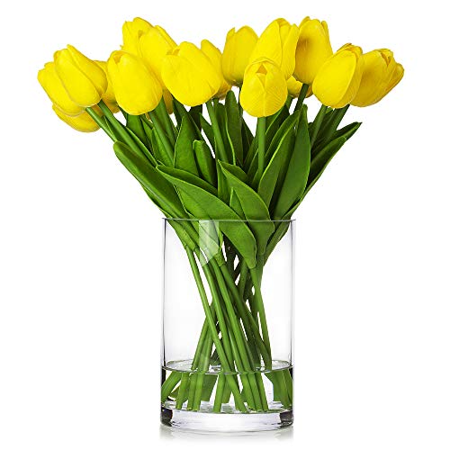 20 Pieces Artificial Real Touch Tulips Flower Arrangement in Glass Vase with Faux Water for Home Decoration (Yellow) - color: Yellow