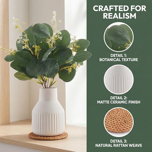 Artificial Eucalyptus Greenery Stems in Ceramic Vase,10Pcs Fake Plants Eucalyptus Leaves faux Plants for Centerpiece Table Decorations Home Room Decor office desk decor Greenery Decor indoor (White) - color: White