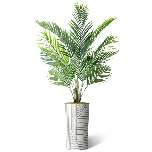 Artificial Tree in Geometric Pattern Planter, Fake Areca Tropical Palm Silk Tree for Indoor and Outdoor Home Decoration - 66" Overall Tall (Plant Pot Plus Tree) - style: Areca Palm Tree