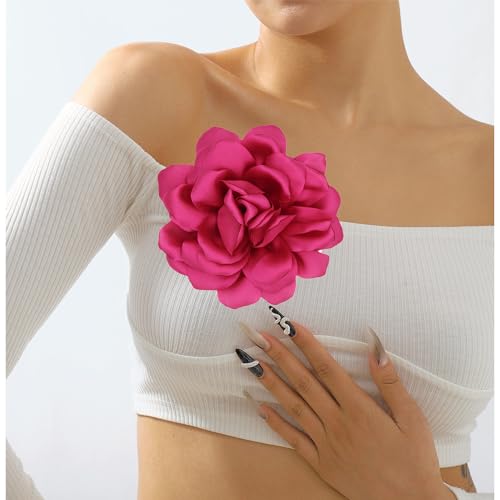 Large Flower Brooches Lapel Pins for Women Satin Fabric Brooches Big Camellia Flower Brooch Pins Wedding Part Dance Clothes Accessories Jewelry Gifts - color: rose red