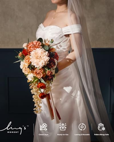 Ling's moment Wedding Artificial Flowers Package, Bridal Bouquet, Bridesmaid Bouquets, Boutonniere for Men, Rose Petals.Terracotta Orange - color: Or-terracotta & Orange