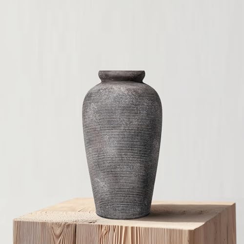 Large Rustic Terracotta Vase, 11 inch Tall Ceramic Flower Vase, Clay Farmhouse Decorative Vases for Flowers, Living Room, Shelf, Entryway, Home Decor, Grey - color: Rustic Grey