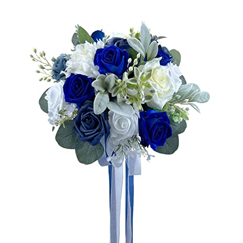 CherishedMoments Bridal Wedding Bouquet, 13.5 Inch Navy Blue Artificial Flowers Bridal Cascading Bouquets,Seaside Beach Wedding Bouquets for Wedding Ceremony and Anniversary - color: Navy Blue