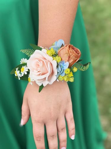 Rinlong 2Pcs Pink Blue Wrist Corsage for Wedding, Prom, Homecoming | Bridesmaid, Mother of the Bride Corsage - color: 15-spring Garden