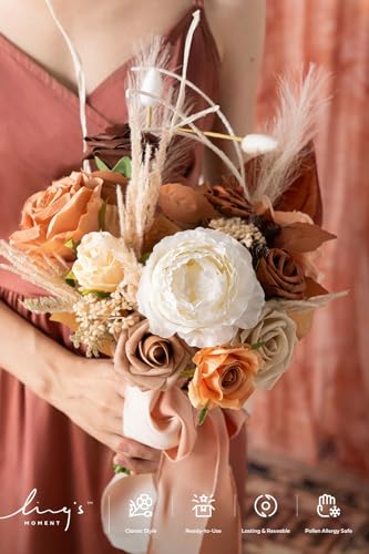 Ling's moment Brown Artificial Wedding Flower Bouquets for Bridesmaids Boho Floral Bouquet Ivory Bridal Bouquets for Bridesmaids with Ribbon Ceremony Anniversary,7-inch Diameter - color: Or-rust Boho & Terracotta